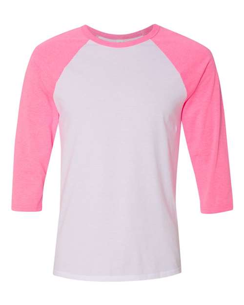 Three-Quarter Sleeve Baseball Tee - White/ Neon Pink -   -